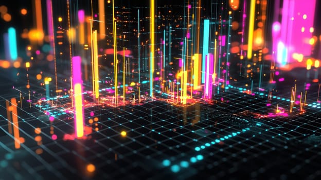 Futuristic 3d scatter plot visualizing the relationship between ai-driven automation and workforce productivity across various industries. neon-colored data points and a digital landscape emphasize technological advancement and modern analytics.