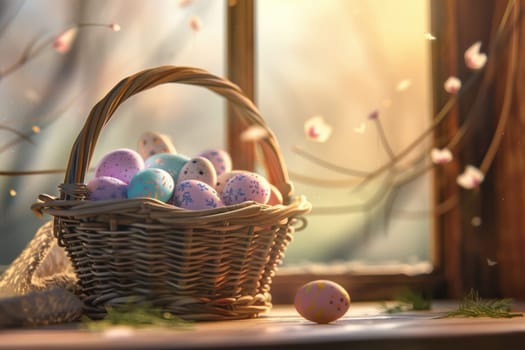 Freshly painted pastel easter eggs rest in a wicker basket atop a wooden table, with a gentle spring breeze flowing through an open window. soft sunlight enhances the serene ambiance, complemented by blossoming branches in the background.