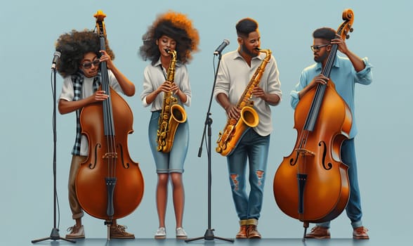 Illustration of cartoon musicians playing instruments. Selective focus.