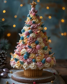 Ice cream in the shape of a Christmas tree in a waffle cone. Selective focus.
