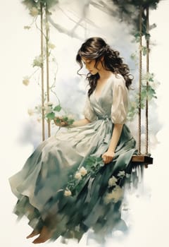 Watercolor, woman in a dress on a swing on a delicate background. Selective focus.