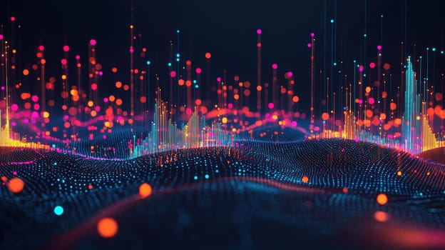 A futuristic 3d scatter plot visualizing the connection between technological innovation and environmental sustainability across industries. the plot features neon-colored data points, trends in a digitally advanced, eco-friendly landscape.