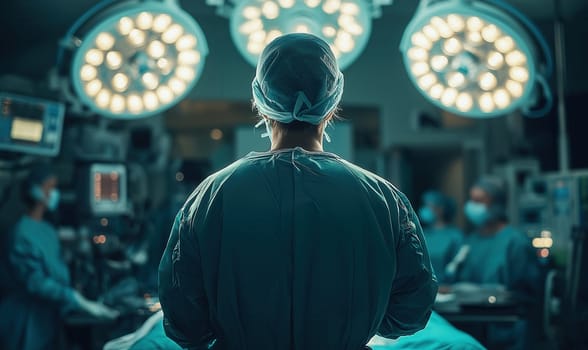 Surgeon in hospital operating room with medical equipment in background, rear view. Selective focus.