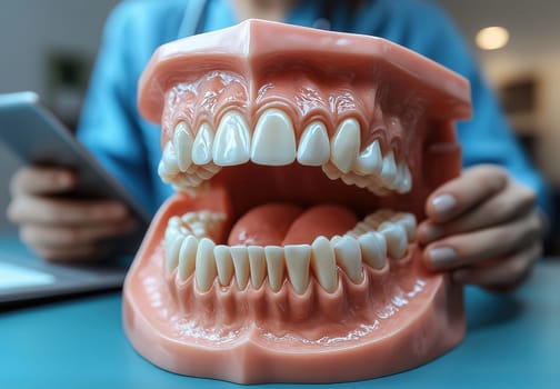 A dentist works with specimen teeth, recording data on a tablet. Selective focus.