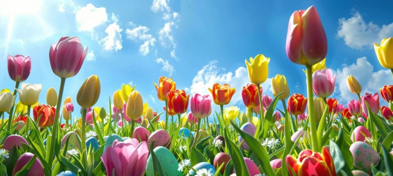 Vibrant tulips in full bloom surround easter eggs nestled among the flowers, set against a bright blue sky with fluffy white clouds. this cheerful spring scene evokes feelings of celebration and renewal perfect for easter themes.