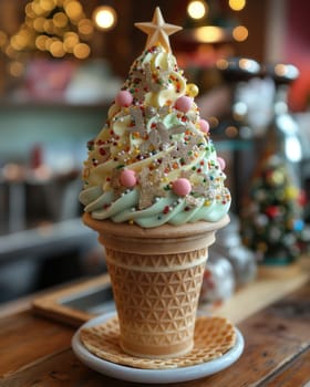 Ice cream in the shape of a Christmas tree in a waffle cone. Selective focus.