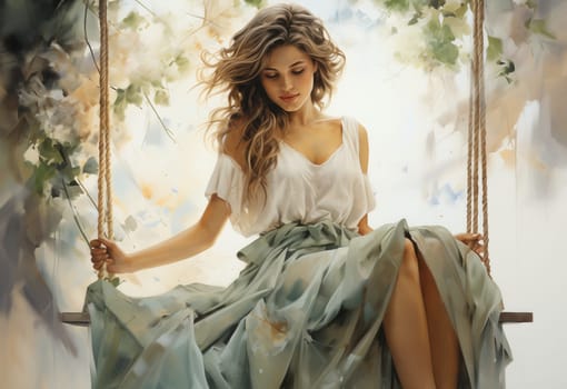 Watercolor, woman in a dress on a swing on a delicate background. Selective focus.