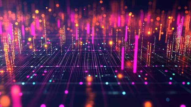 A vivid 3d scatter plot displaying the relationship between global e-commerce expansion and internet penetration, highlighted by vibrant, glowing data points on a digital grid with a dynamic color scheme, offering visual insights.