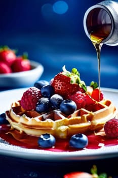 Delicious waffles served with vibrant mixed berries and a drizzle of syrup. Bright colors and enticing presentation make this image ideal for brunch menus and culinary blogs