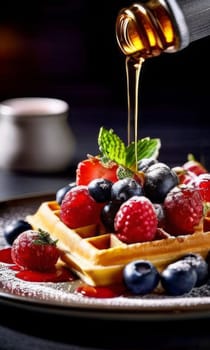 Mouthwatering waffles topped with juicy strawberries and blueberries. Syrup cascades down, enhancing visual appeal. Perfect for advertising breakfast specials and social media posts