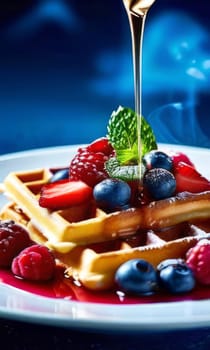 Tempting plate of waffles featuring a medley of fresh berries. Rich syrup adds indulgence, while vibrant colors attract attention. Ideal for food marketing and lifestyle content
