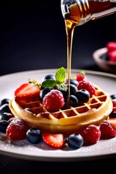 Irresistible waffles presented with an array of fresh berries. Mint leaves add a fresh touch, making this image suitable for lifestyle branding and food-related content