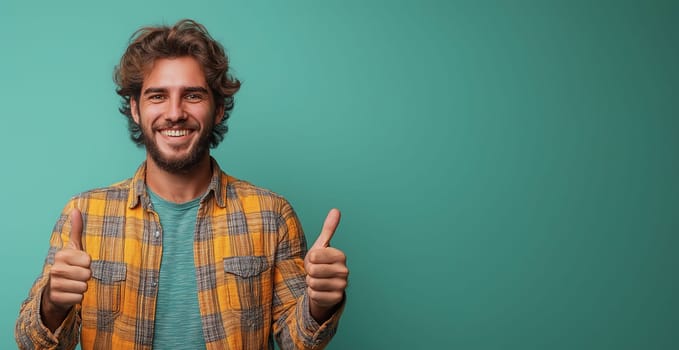 Young man showing thumb up on green background. Selective focus.