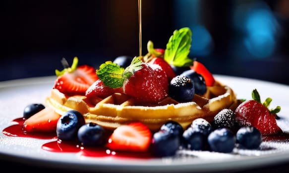 Delectable waffles served with fresh strawberries, blueberries, and syrup. Eye-catching presentation makes it perfect for culinary advertisements and social media engagement