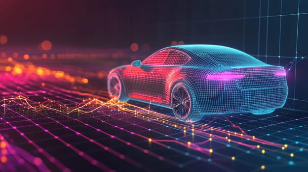 A sleek, futuristic electric vehicle rendered in neon colors, set against a vibrant digital cityscape. the glowing lines and dynamic networks represent high technology and innovation, the forward-thinking nature of electric mobility.