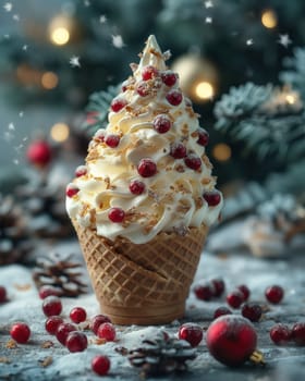 Ice cream in the shape of a Christmas tree in a waffle cone. Selective focus.