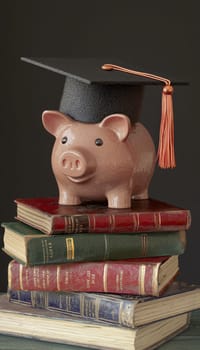 A whimsical piggy bank wearing a graduation cap is placed on a stack of antique books, representing the concept of saving for educational goals. surrounding diplomas and a gown subtly signify academic achievement and future success.
