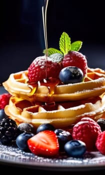 Mouthwatering waffles topped with juicy strawberries and blueberries. Syrup cascades down, enhancing visual appeal. Perfect for advertising breakfast specials and social media posts