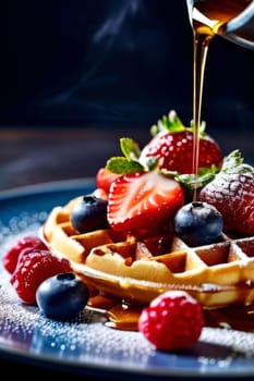Fluffy waffles adorned with a colorful assortment of berries. Drizzled with sweet syrup and dusted with powdered sugar, making it a great choice for food photography and recipe sharing