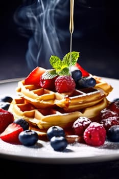 Delectable waffles served with fresh strawberries, blueberries, and syrup. Eye-catching presentation makes it perfect for culinary advertisements and social media engagement