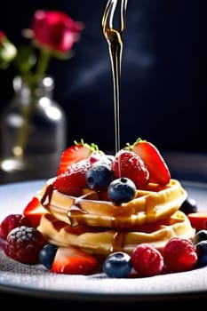 Mouthwatering waffles topped with juicy strawberries and blueberries. Syrup cascades down, enhancing visual appeal. Perfect for advertising breakfast specials and social media posts