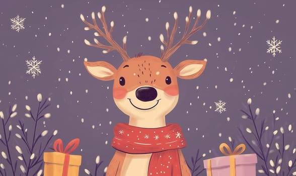 Christmas card with cartoon reindeer on lilac background. Selective focus.