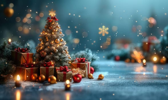 Christmas greeting card with blue background. Selective focus.