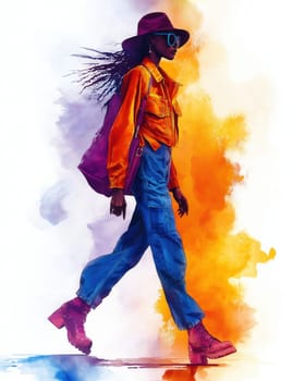 Watercolor illustration of a young woman in elegant clothing. Selective focus.