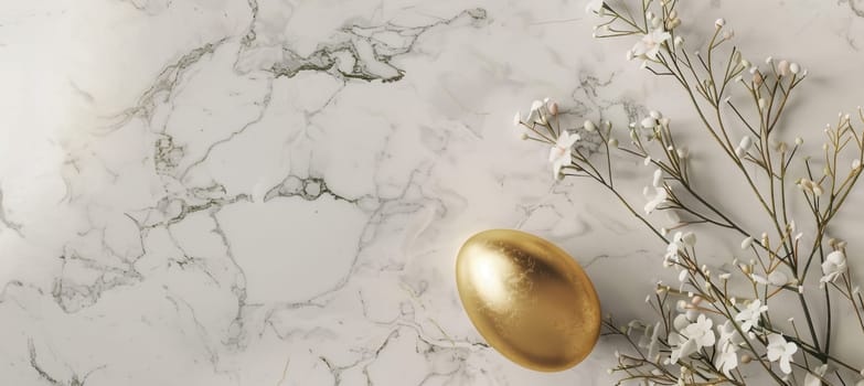 Minimalist easter banner featuring a single gold egg on a marble surface with delicate white floral accents. the elegant layout offers ample space for text, ideal for marketing materials or seasonal greeting cards.