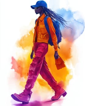 Watercolor illustration of a young woman in elegant clothing. Selective focus.