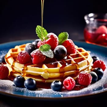 Fluffy waffles adorned with a colorful assortment of berries. Drizzled with sweet syrup and dusted with powdered sugar, making it a great choice for food photography and recipe sharing