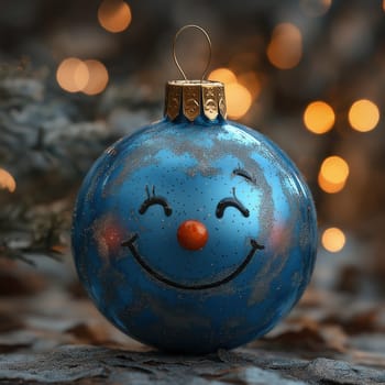 Cartoon Christmas tree toy blue ball with a smiling face. Selective focus.