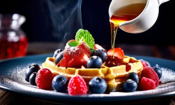 Irresistible waffles presented with an array of fresh berries. Mint leaves add a fresh touch, making this image suitable for lifestyle branding and food related content