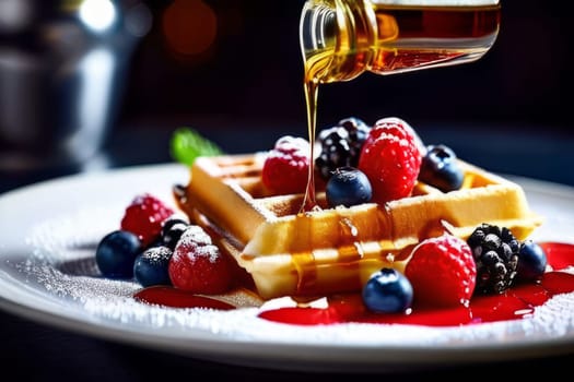 Fluffy waffles topped with luscious berries and syrup. Bright colors evoke warmth and comfort, making it ideal for food related marketing and brunch promotions