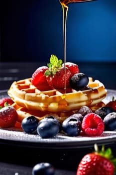 Delectable waffles served with fresh strawberries, blueberries, and syrup. Eye catching presentation makes it perfect for culinary advertisements and social media engagement
