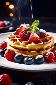 Delicious waffles served with vibrant mixed berries and a drizzle of syrup. Bright colors and enticing presentation make this image ideal for brunch menus and culinary blogs