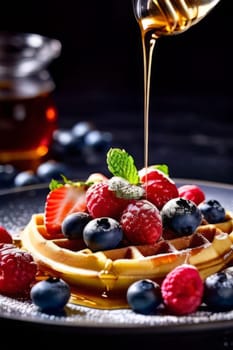 Mouthwatering waffles topped with juicy strawberries and blueberries. Syrup cascades down, enhancing visual appeal. Perfect for advertising breakfast specials and social media posts