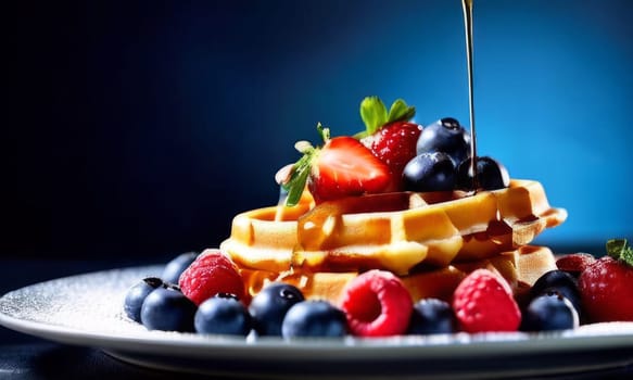 Fluffy waffles adorned with a colorful assortment of berries. Drizzled with sweet syrup and dusted with powdered sugar, making it a great choice for food photography and recipe sharing