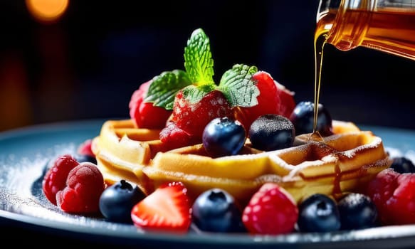 Scrumptious waffles topped with ripe strawberries and blueberries. Syrup flows over, creating a deliciously inviting scene perfect for breakfast culture and culinary inspiration