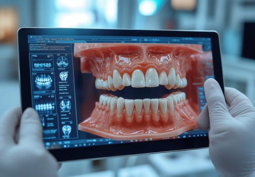 A dentist works with specimen teeth, recording data on a tablet. Selective focus.