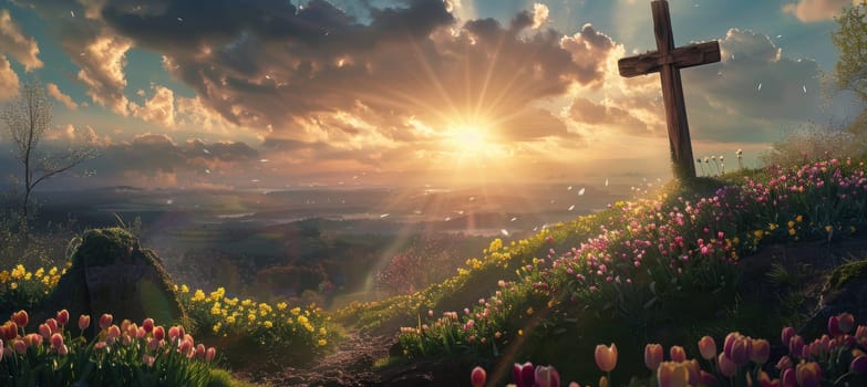 Wooden cross stands atop a hill at sunset, surrounded by vibrant tulips and daffodils. golden sunlight pierces through the clouds, creating a serene and spiritual easter scene. this tranquil landscape evokes peace and renewal.