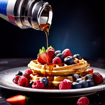 Irresistible waffles presented with an array of fresh berries. Mint leaves add a fresh touch, making this image suitable for lifestyle branding and food related content