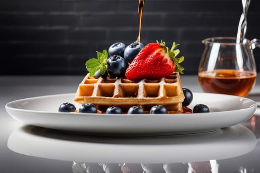 Appetizing waffles garnished with strawberries and blueberries, drizzled with syrup. Colorful and inviting, this image is perfect for showcasing breakfast delights and dessert menus