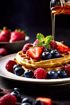 Fluffy waffles topped with luscious berries and syrup. Bright colors evoke warmth and comfort, making it ideal for food related marketing and brunch promotions