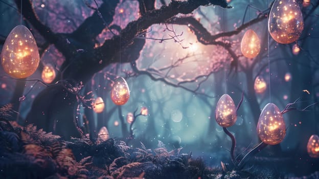 Fantasy forest illuminated by moonlight and glowing easter egg lanterns. large eggs hang from tree branches, creating a whimsical and magical atmosphere amidst twisted trees and soft, ambient lighting for a mystical holiday scene.