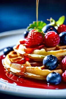 Delectable waffles served with fresh strawberries, blueberries, and syrup. Eye catching presentation makes it perfect for culinary advertisements and social media engagement