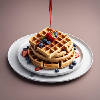 Golden waffles drizzled with rich syrup, topped with fresh strawberries, blueberries, and raspberries. Garnished with mint leaves, creating an inviting breakfast scene perfect for food lovers