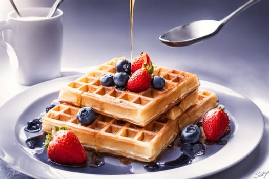 Delicious waffles served with vibrant mixed berries and a drizzle of syrup. Bright colors and enticing presentation make this image ideal for brunch menus and culinary blogs