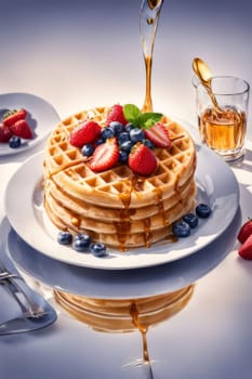 Mouthwatering waffles topped with juicy strawberries and blueberries. Syrup cascades down, enhancing visual appeal. Perfect for advertising breakfast specials and social media posts
