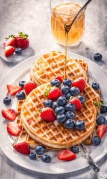Tempting plate of waffles featuring a medley of fresh berries. Rich syrup adds indulgence, while vibrant colors attract attention. Ideal for food marketing and lifestyle content